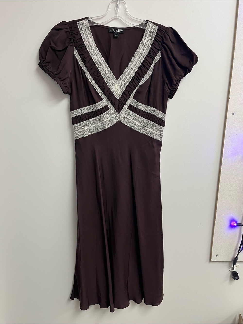J. Crew Brown Midi Dress with Cream Lace Trim